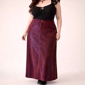 Y2K Whimsygoth Iridescent Column Maxi Skirt Burgundy Micro Cord Sz 16 R&R